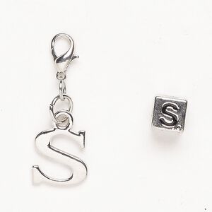 Charm 1pkg2 "pewter" (zinc-based alloy) / steel / enamel, 12mm "S" / 7mm cube /lobster claw clasp antique silver finish / black