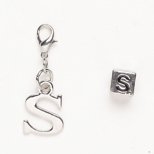 Charm 1pkg2 "pewter" (zinc-based alloy) / steel / enamel, 12mm "S" / 7mm cube /lobster claw clasp antique silver finish / black image number 0