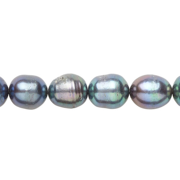 Cultured freshwater pearl, 1pkg1 7-9mm rice D grade, dyed silver peacock 15 inches image number 0