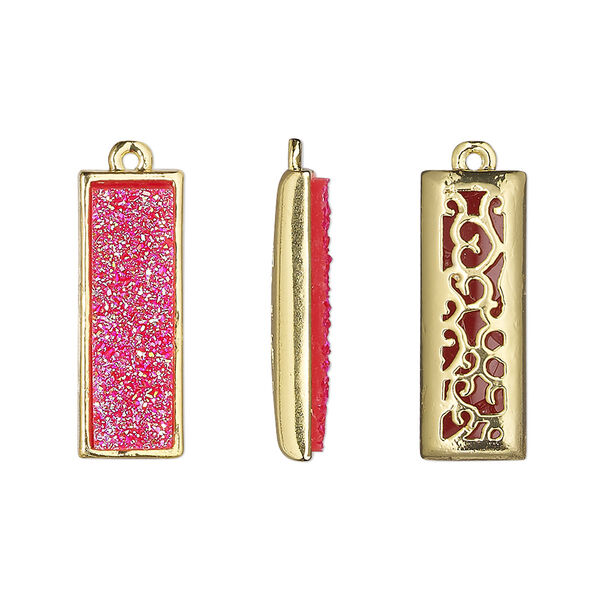Drop, Druzylite™, "druzy" (resin) and gold-finished brass, hot pink, 21x8mm two-sided rectangle with open filigree back. Sold per pkg of 4. image number 0