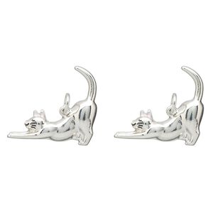 Charm, imitation rhodium-finished "pewter" (zinc-based alloy) and enamel, pink and black, 25x23mm stretching cat. Sold per pkg of 2.