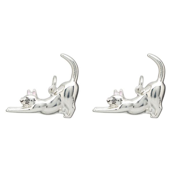 Charm, imitation rhodium-finished "pewter" (zinc-based alloy) and enamel, pink and black, 25x23mm stretching cat. Sold per pkg of 2. image number 0