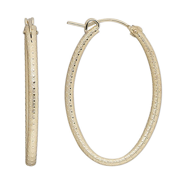 Earring, 14Kt gold-filled, 34mm textured oval hoop with latch-back closure. Sold per pair. image number 0