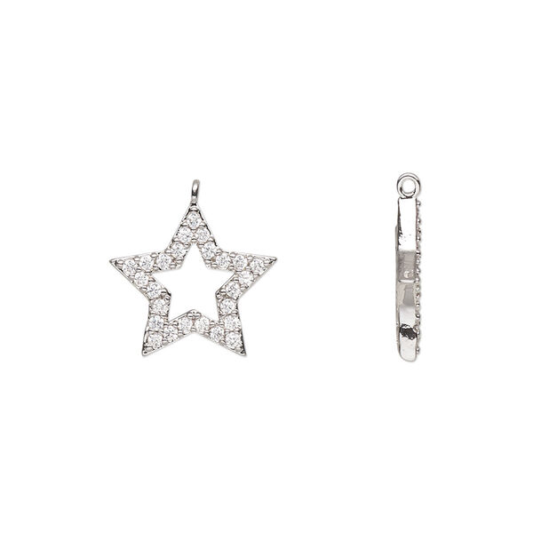 Charm, cubic zirconia and silver-finished brass, clear, 14x13.5mm single-sided open star. Sold individually. image number 0