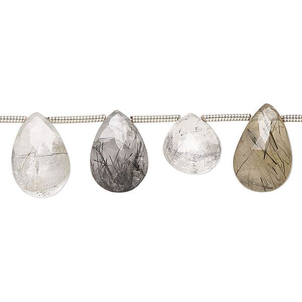 Tourmalinated quartz 1pkg18, hand-cut top-drilled faceted puffed teardrop bead natural 10x7mm-12x9mm image number 0