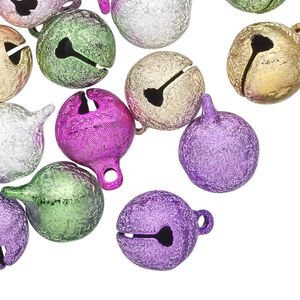 Bell mix, brass, multicolored, 12mm stardust with loop. Sold per pkg of 25.