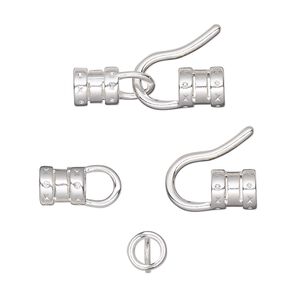 Clasp hook&eye 1pkg4 silver-plated, 22.5x12mm / crimp end / fits up to 3.7mm cord, brass 1-strand