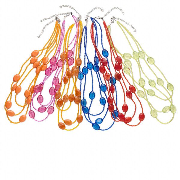 Necklace mix, triple-strand, acrylic and imitation rhodium-finished brass, multicolored, 20x10mm faceted flat ovals and 1mm seed beads, 20 inches with 3-inch extender chain. Sold per pkg of 6. image number 0