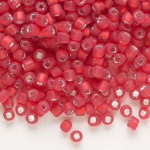 Seed bead, Dyna-Mites™, glass, silver-lined translucent matte red, #6 round with square hole. Sold per 1/2 kilogram pkg.