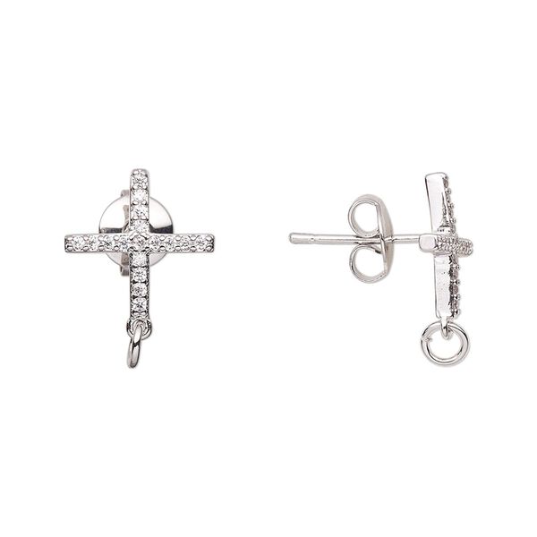 Earstud 1pkg2 imitation rhodium-plated / cubic zirconia, 14x12mm cross / 4mm 21 gauge open jump ring / earnuts, brass clear 1 pair image number 0
