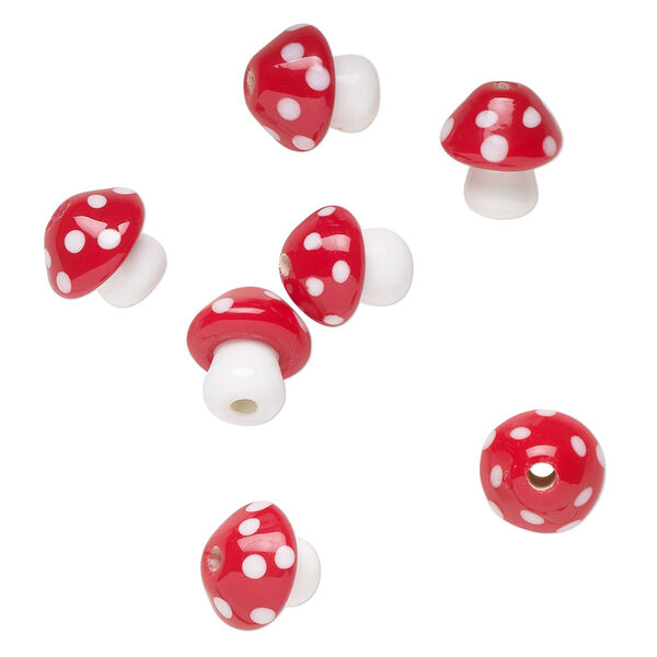 Bead, lampworked glass, opaque white and red, 13x12mm-15x14mm mushroom with spots. Sold per pkg of 8. image number 0