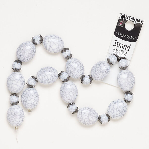 Bead and bead cap mix, "pewter" (zinc-based alloy) and acrylic, pkg/16 inches, gunmetal finish/white/grey, 10mm round/ 23x19mm puffed oval/9x2.5mm star, fits 9-11mm round beads. image number 0