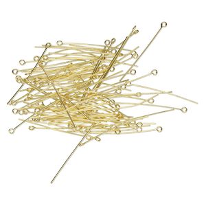 Eye pin, bright gold-plated brass, 1-1/2 inches, 21 gauge. Sold per pkg of 100.