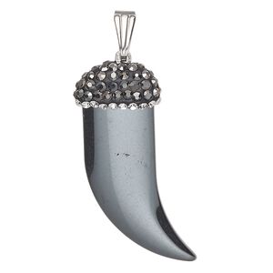 Hemalyke™ / brass / glass rhinestone 1pkg1, silver-finished double-sided talon pendant 35x21mm