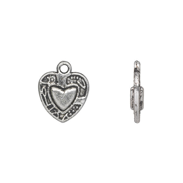 Charm, antique silver-plated "pewter" (zinc-based alloy), 12x12mm double-sided fancy heart with heart in center and fancy border. Sold per pkg of 50. image number 0
