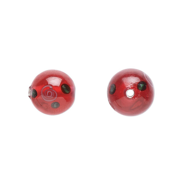 Bead, Czech lampworked glass, opaque red / pink / green, 10-11mm round with flower design. Sold per pkg of 4. image number 0