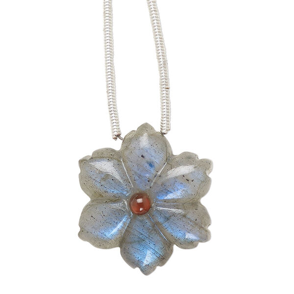 Labradorite / garnet 1pkg1, hand-cut top-drilled double-sided carved flower bead natural B grade, 20mm image number 0