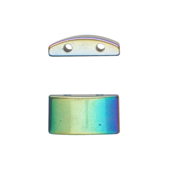 Spacer, electroplated Hemalyke™ (man-made), rainbow, 18x10mm double-drilled flat half round, fits up to 7mm beads. Sold per pkg of 6. image number 0
