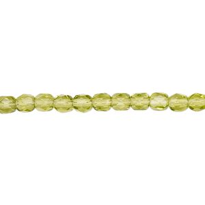 Bead, Czech fire-polished glass, transparent olivine, 4mm faceted round. Sold per 15-1/2" to 16" strand, approximately 100 beads.