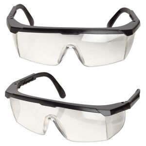 Safety glasses, fits over regular eyeglasses, polycarbonate and nylon, clear and black, anti-fog and scratch-resistant. Sold individually.