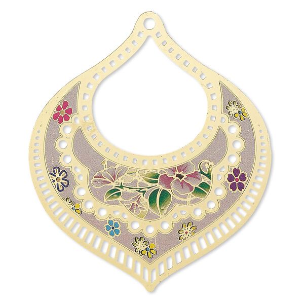 Focal, Lazer Lace™, color film and gold-finished brass, multicolored, 50x46mm single-sided fancy teardrop with cutouts and floral design. Sold per pkg of 2. image number 0