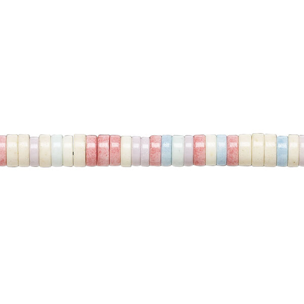 Bead, porcelain, opaque shiny multicolored, 4.5x1.5mm heishi. Sold per 8-inch strand, approximately 115 to 140 beads. image number 0