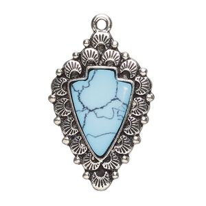 Focal, antique silver-finished "pewter" (zinc-based alloy) and "turquoise" (resin) (imitation), turquoise blue, 34.5x23mm single-sided arrowhead. Sold per pkg of 2.