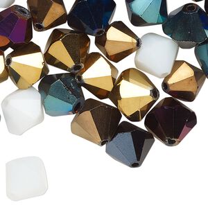 Bead mix, glass, pkg/2 ounces, opaque to transparent mixed colors, 10-12mm faceted bicone.