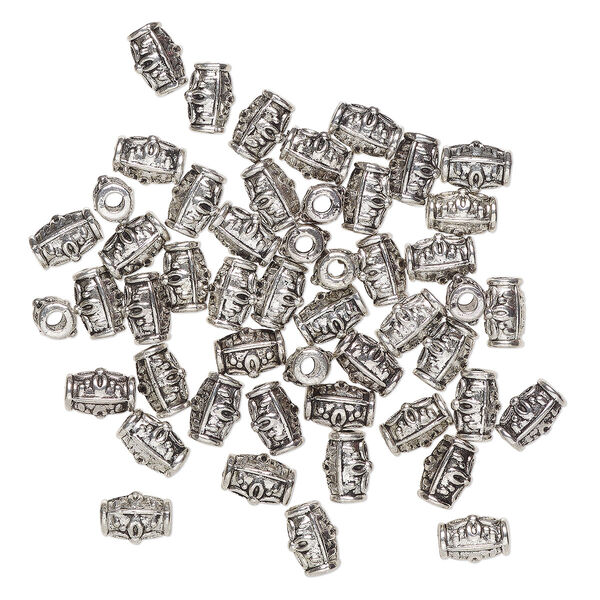 Bead, "pewter" (zinc-based alloy), pkg/50, 10x6mm-10x7mm oval tube with flower, antique silver finish. image number 0