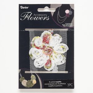Sew-on component, fabric, white and multicolored, 2-1/2 to 2-3/4 inch flower with floral design. Sold per pkg of 3.