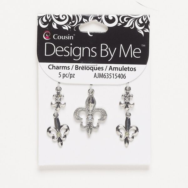 Charm, silver-finished "pewter" (zinc-based alloy) and acrylic, clear and light yellow, assorted size single-sided fleur-de-lis. Sold per pkg of 5. image number 0
