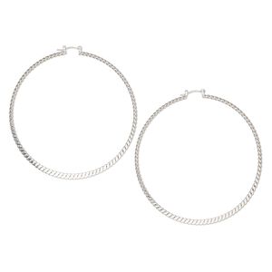 Earring hoop 1pkg2, 3 inch twisted / latch-back closure, silver-finished steel 1 pair