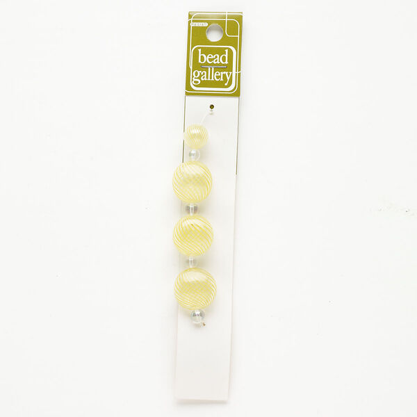 Bead 1pkg4 handblown glass, 12mm round / 19-20mm puffed flat round / line design, assortment translucent clear / yellow image number 0