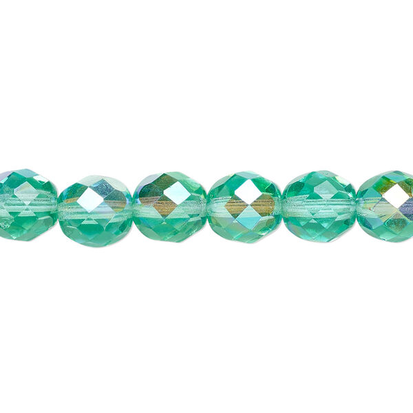 Bead, Czech fire-polished glass, light aqua AB, 8mm faceted round. Sold per pkg of 600 (1/2 mass). image number 0