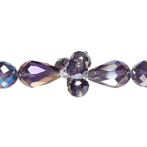 Bead, glass and silver-finished brass, translucent clear and metallic purple, 4mm faceted bicone / 8x6mm faceted rondelle / 15x10mm faceted teardrop. Sold per 8-inch strand.