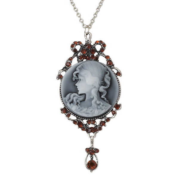 Necklace, antique silver-plated "pewter" (zinc-based alloy) and steel and acrylic, black / white / dark orange, 87x41mm teardrop cameo with woman, 32 inches with lobster claw clasp. Sold individually. image number 0