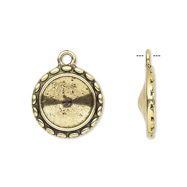 Drop, Almost Instant Jewelry®, antique gold-finished "pewter" (zinc-based alloy), 17mm round with scalloped design and 12mm rivoli setting. Sold per pkg of 6. image number 0