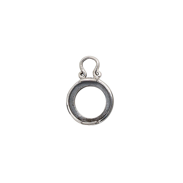 Drop, antiqued sterling silver, 11mm round with dot design and open back with 10mm 2-prong round cabochon setting. Sold individually. image number 0