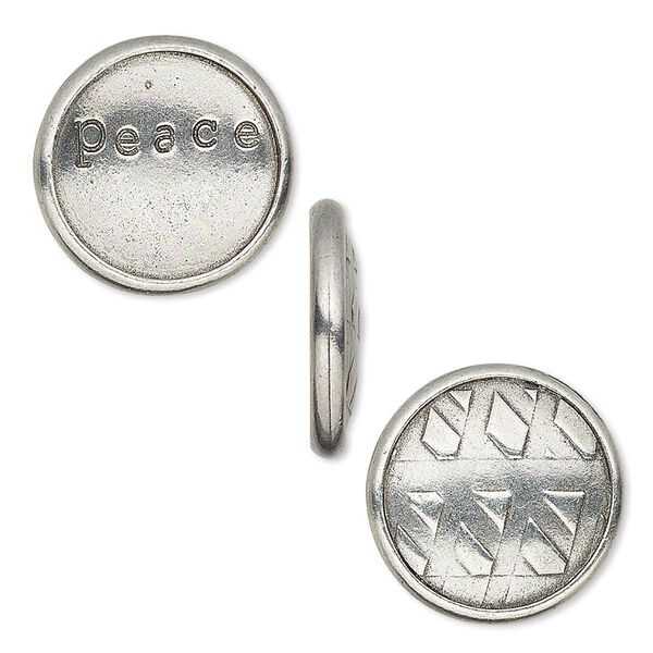 Snap cap, TierraCast®, glue-on. antique pewter (tin-based alloy), 17.5mm single-sided textured round and "peace." Sold per pkg of 2. image number 0