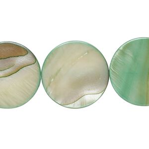 Bead, mother-of-pearl shell (dyed), light teal green, 19-20mm flat round with 0.6-1mm hole, Mohs hardness 3-1/2. Sold per 15-inich strand.