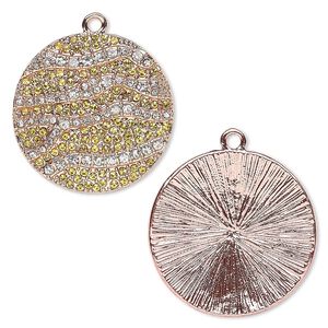Focal, glass rhinestone and copper-finished "pewter" (zinc-based alloy), clear and yellow, 36mm round with stripe design. Sold individually.