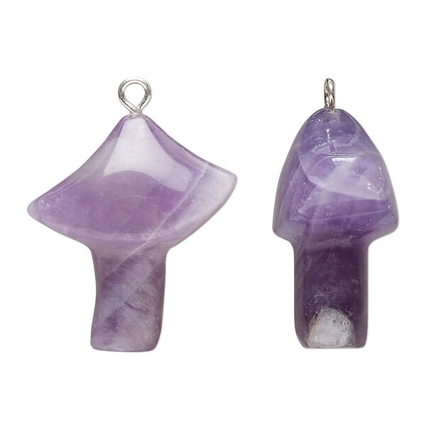 Drop, imitation rhodium-plated brass and banded amethyst (natural), 25x21.5mm hand-carved mushroom. Sold individually. image number 0