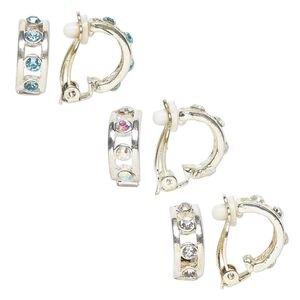 Earring mix, clip-on, Everyday Jewelry, imitation rhodium-finished "pewter" (zinc-based alloy) and glass, multicolored, 16mm. Sold per pkg of 3 pairs.