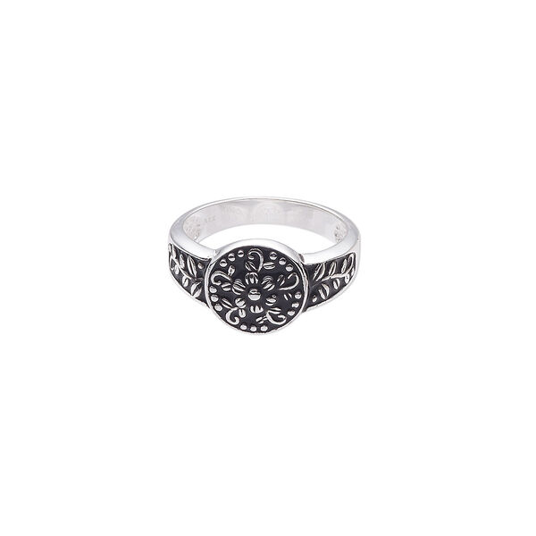 Ring, sterling silver and enamel, black, 12.5mm round with flower design, size 9. Sold individually. image number 0