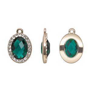 Drop, glass / glass rhinestone / gold-finished "pewter" (zinc-based alloy), clear and transparent emerald green, 19x15.5mm single-sided oval. Sold per pkg of 2.