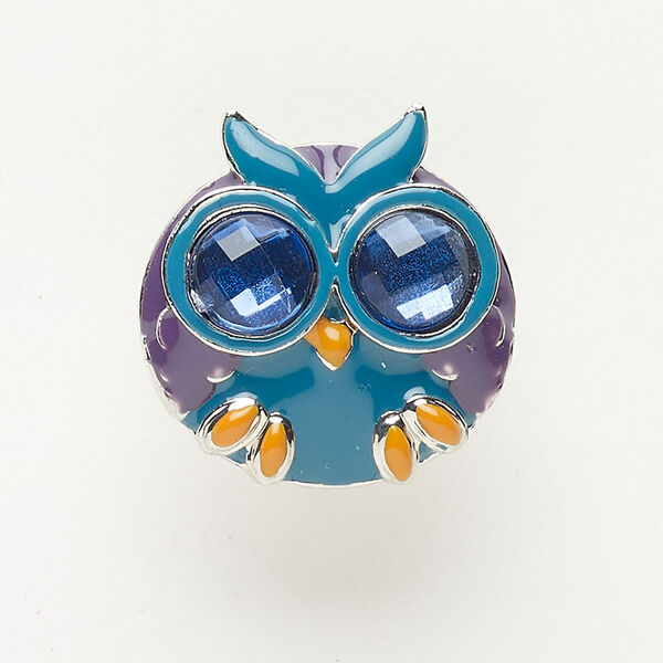 Bead, slide, brass / acrylic / enamel, pkg/1, 25x24mm owl, silver finish and multicolored. image number 0