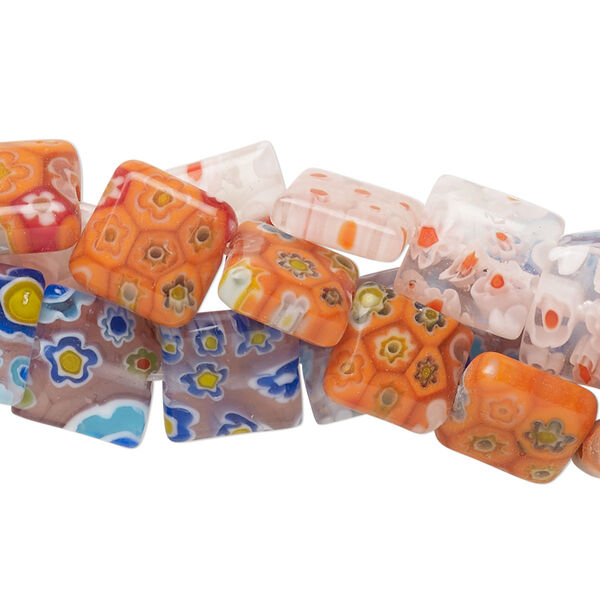 Bead, millefiori glass, translucent multicolored, 9-11mm puffed square with flower design. Sold per 14-inch strand. image number 0