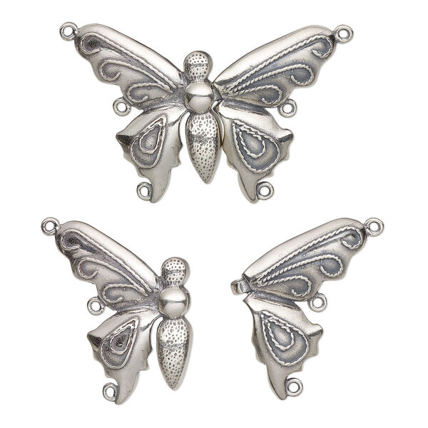 Clasp, JBB Findings, 3-strand hook-and-eye, antiqued sterling silver, 38x28mm butterfly. Sold individually. image number 0
