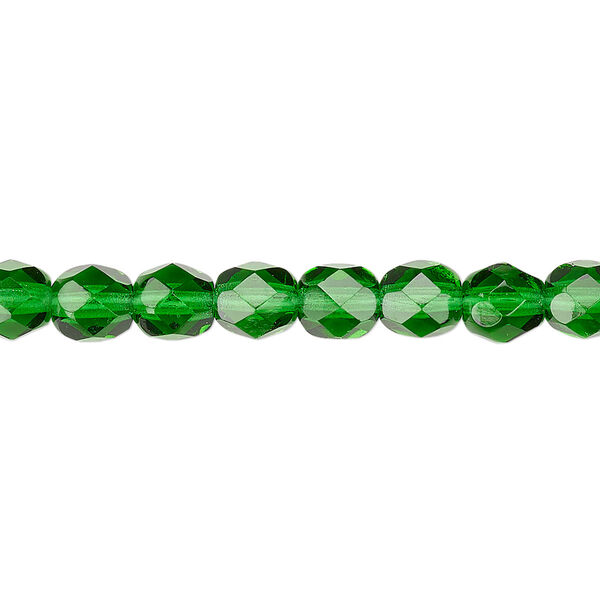 Bead, Czech fire-polished glass, transparent emerald green, 6mm faceted round. Sold per 15-1/2" to 16" strand, approximately 65 beads. image number 0