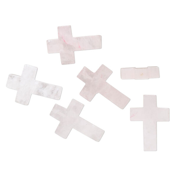 Drop, rose quartz (natural/dyed), 20x14mm-23x16mm half-drilled cross, C grade, Mohs hardness 7. Sold per pkg of 6. image number 0